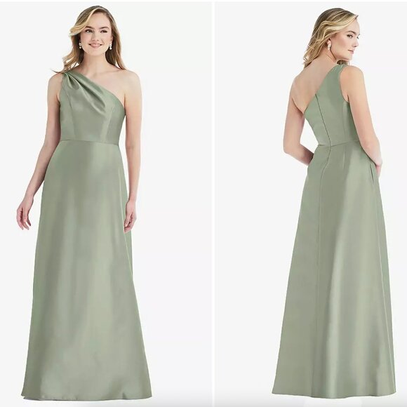 Alfred Sung D821-Pleated Draped One-Shoulder Satin Maxi Dress (Sage) w/ Pockets - Picture 1 of 7
